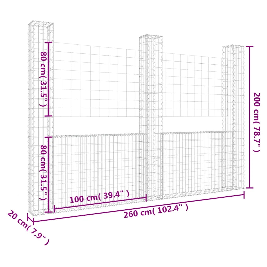 Gabbione a U con 3 Pali in Ferro 260x20x200 cm 151290