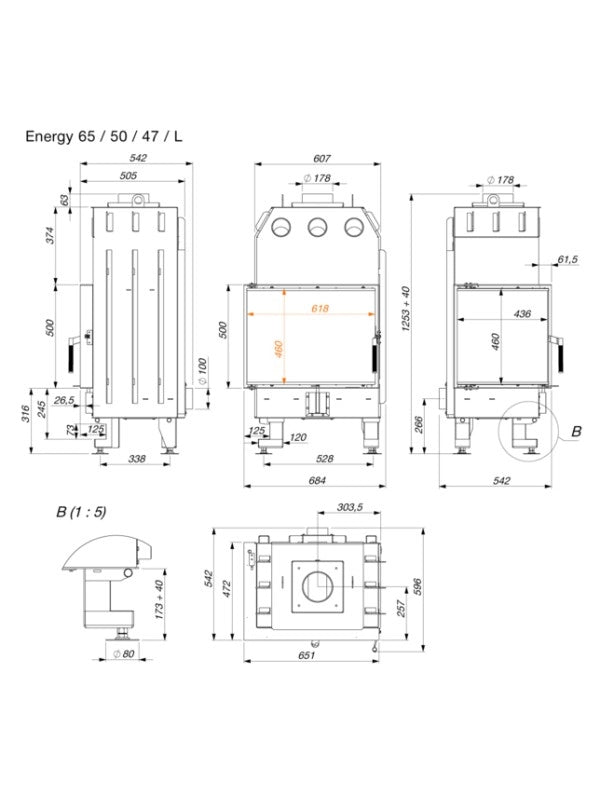 Caminetto ad angolo Inserto Apertura sinistra Energy 65x50x47 (14,5 kW) ECO