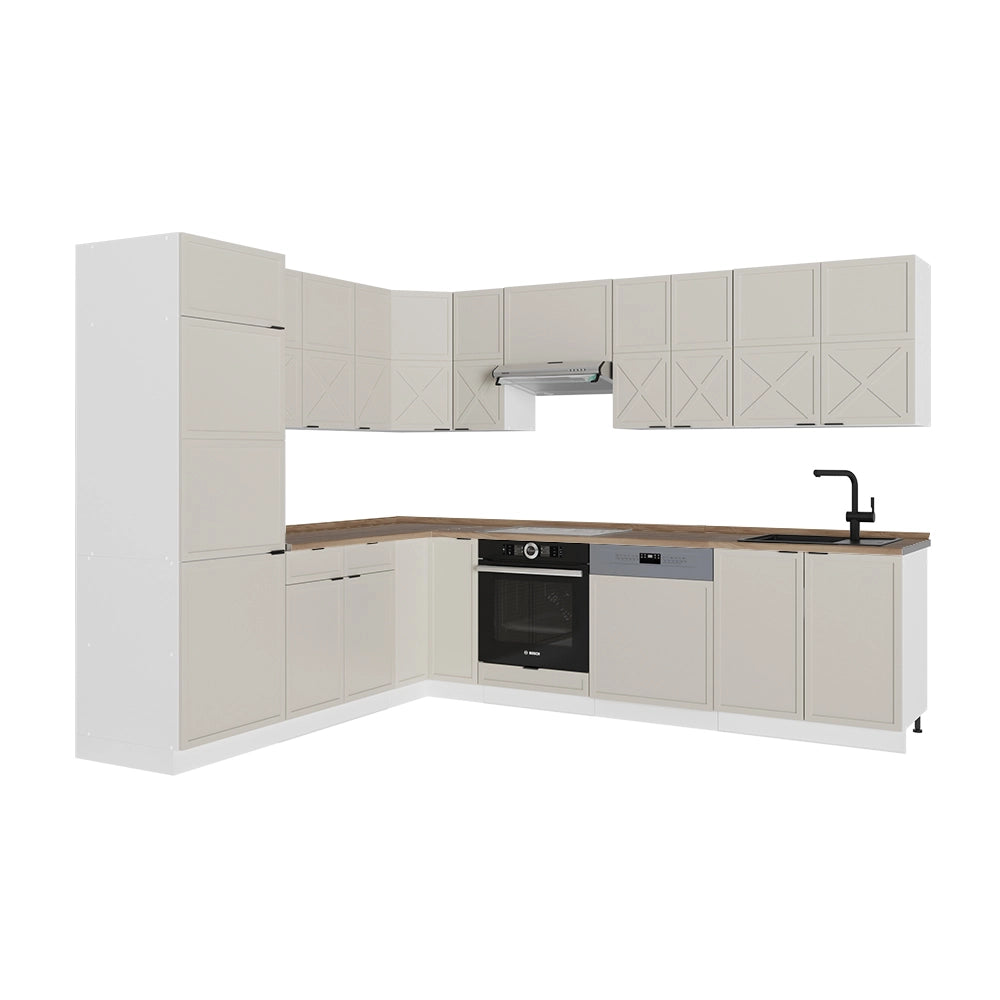 Cucina angolare completa Fame-Line GrigioBeige/Bianco 287 x 60 cm, PL Rovere Vicco