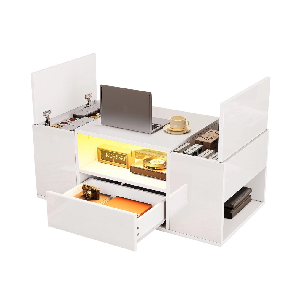 Tavolino da salotto 100 x 50 x 40 cm con cassetto, 2 vani chiusi, vani aperti e illuminazione LED, bianco lucido