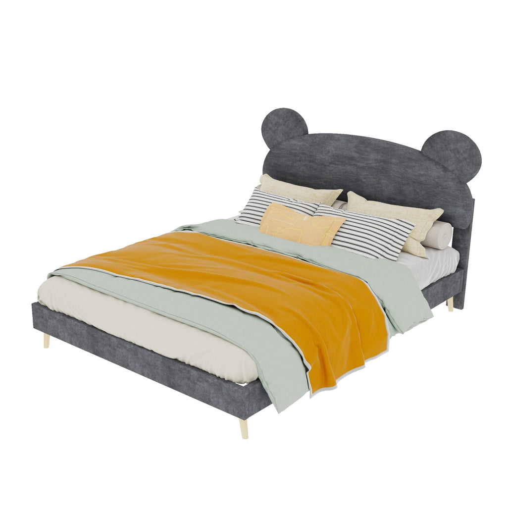 Letto imbottito per bambini con testiera a orecchie d’orso 140x200 cm; grigio