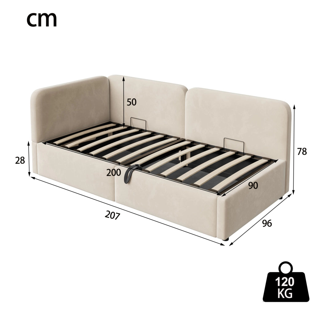 Letto divano imbottito 90x200 in tessuto beige con vano contenitore