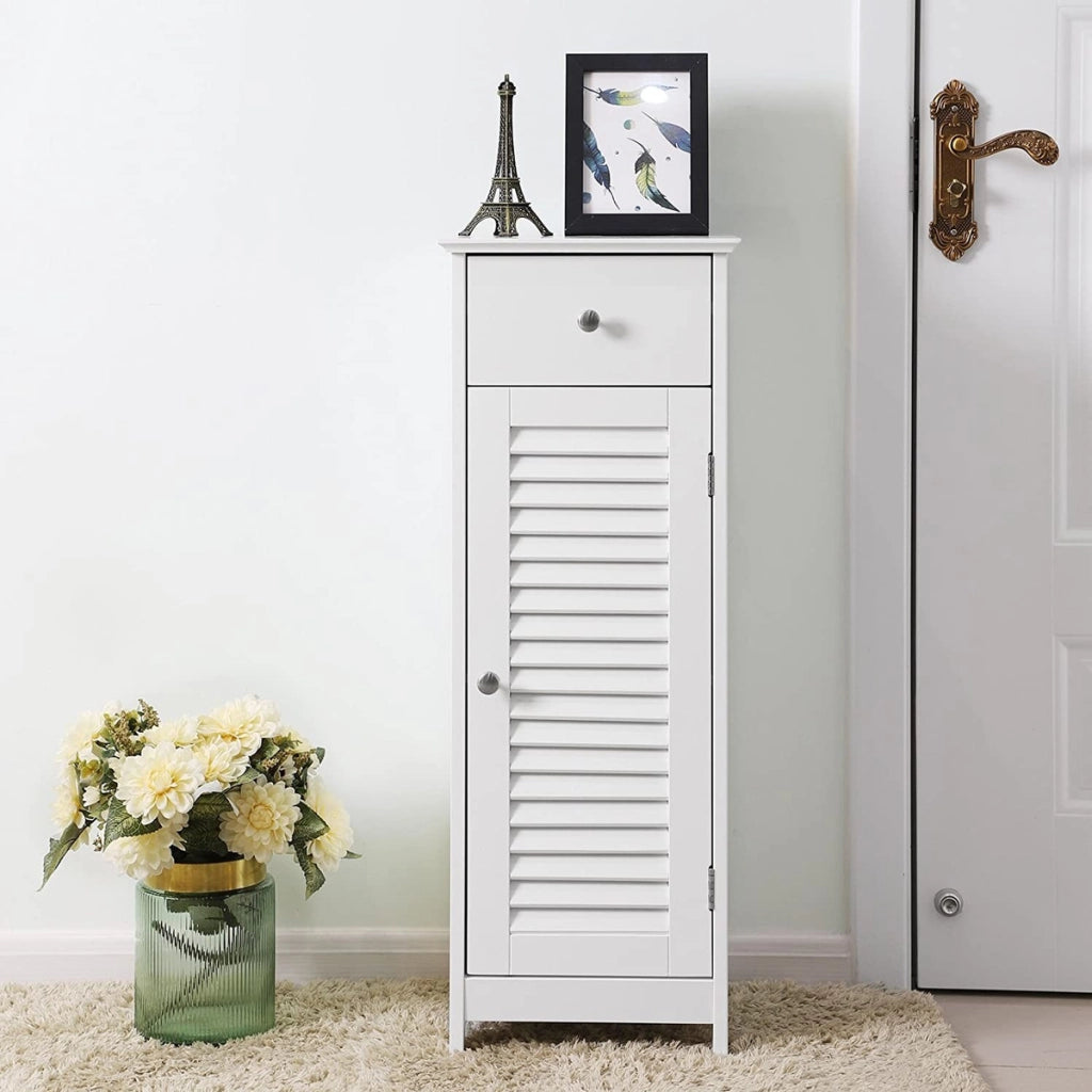 Colonna Bagno Bianca con Cassetto e Ante a Persiana - MDF