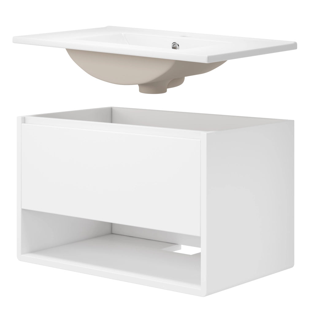 Mobile Sottolavabo Sospeso con Lavabo ¨C MINIMAL ¨C Bianco, LED, Cassetto, 76.5x46x45