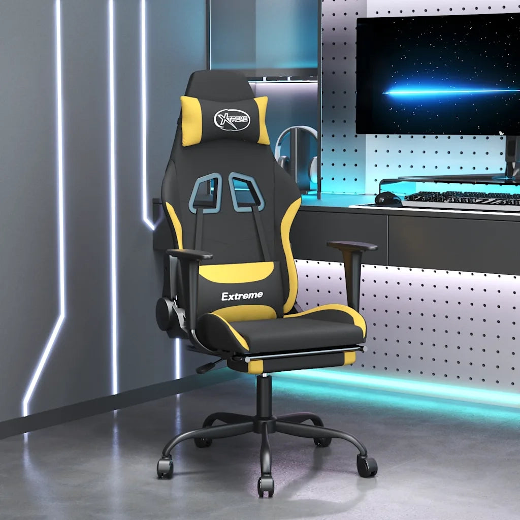 Sedia da Gaming | Sedia da e-sports Massaggio e Poggiapiedi Tessuto Nero e Giallo