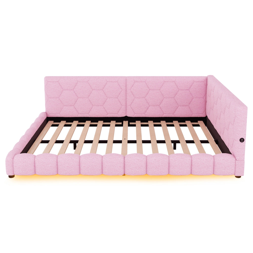 Letto matrimoniale 140×200 cm con LED; USB; Type-C e rete; senza materasso; velluto; rosa