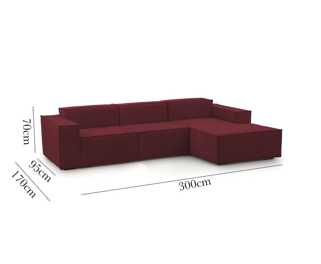 Divano fisso Ananas, Divano componibile a 3 posti con penisola destra, Made in Italy, SofÒ  moderno in tessuto, Cm 300x170h70, Rosso