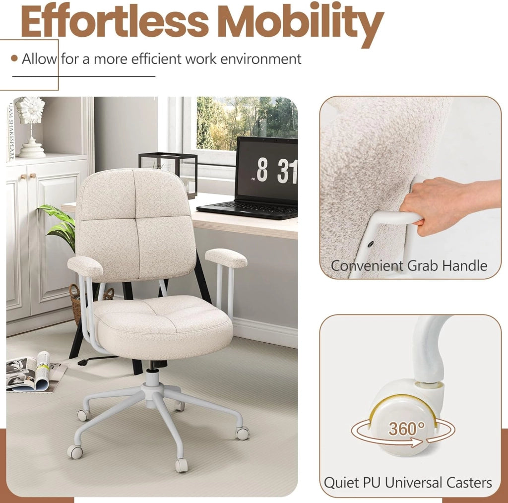 Sedia da ufficio, sedia da ufficio in ciniglia, pratica maniglia, sedia imbottita girevole a 360°, altezza seduta regolabile, carico di 150 kg, base stabile a 5 artigli (beige)