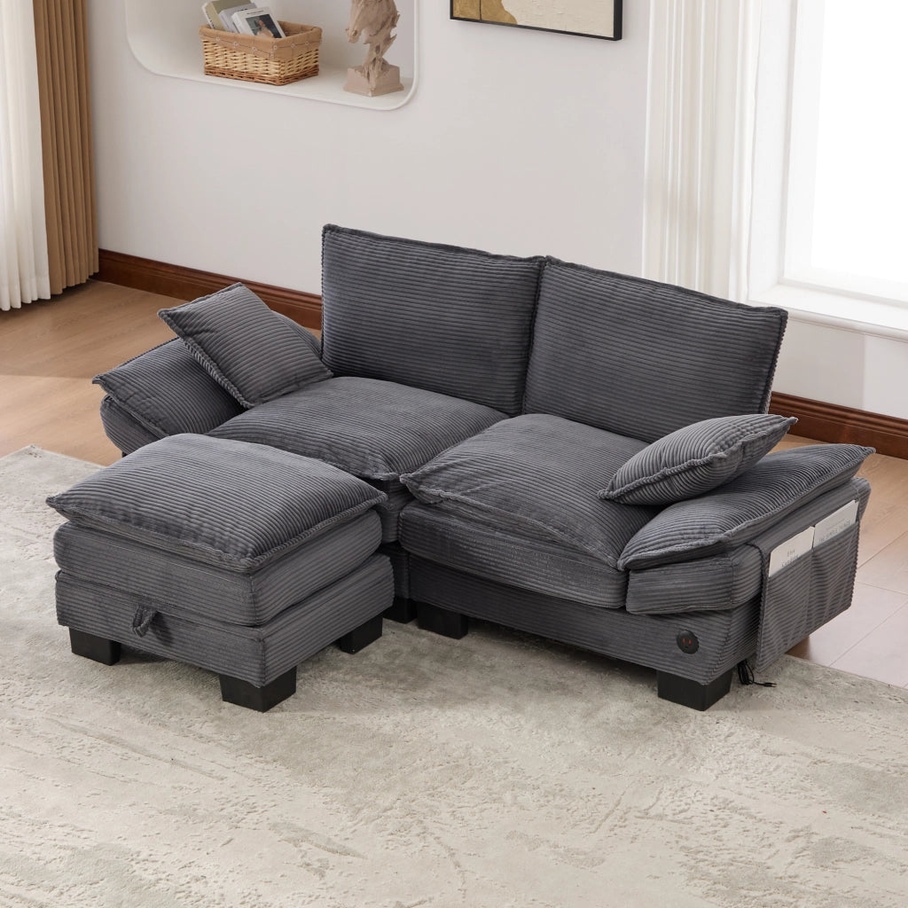DIVANO 2 posti con pouf 190x132x84 cm in velluto a coste Grigio Scuro USB-C