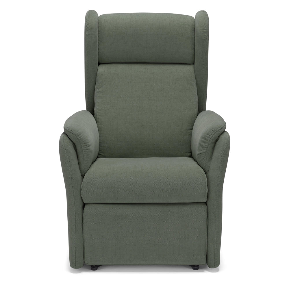 Poltrona relax elettrica FIRENZE MADE IN ITALY per anziani e disabili, 2 motori, 4 ruote, con Kit Batteria, tessuto antimacchia, colore Verde Foresta