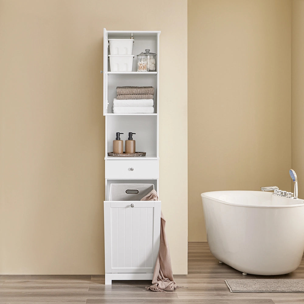 SoBuy Mobile Bagno Salvaspazio Alto con Cesto Portabiancheria 45L – Colonna Bagno Stretto 40x38x180cm con Cassetto in MDF, Ripiano Aperto e Anta Mobiletto per Lavanderia o WC BZR216-W