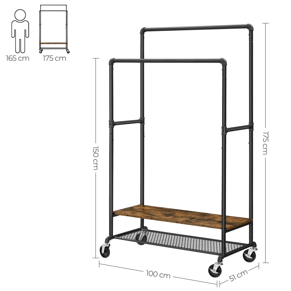 Appendiabiti estensibile appendiabiti su ruote con 2 barre tubolari stile industriale 175 cm marrone rustico e nero 12_0002350