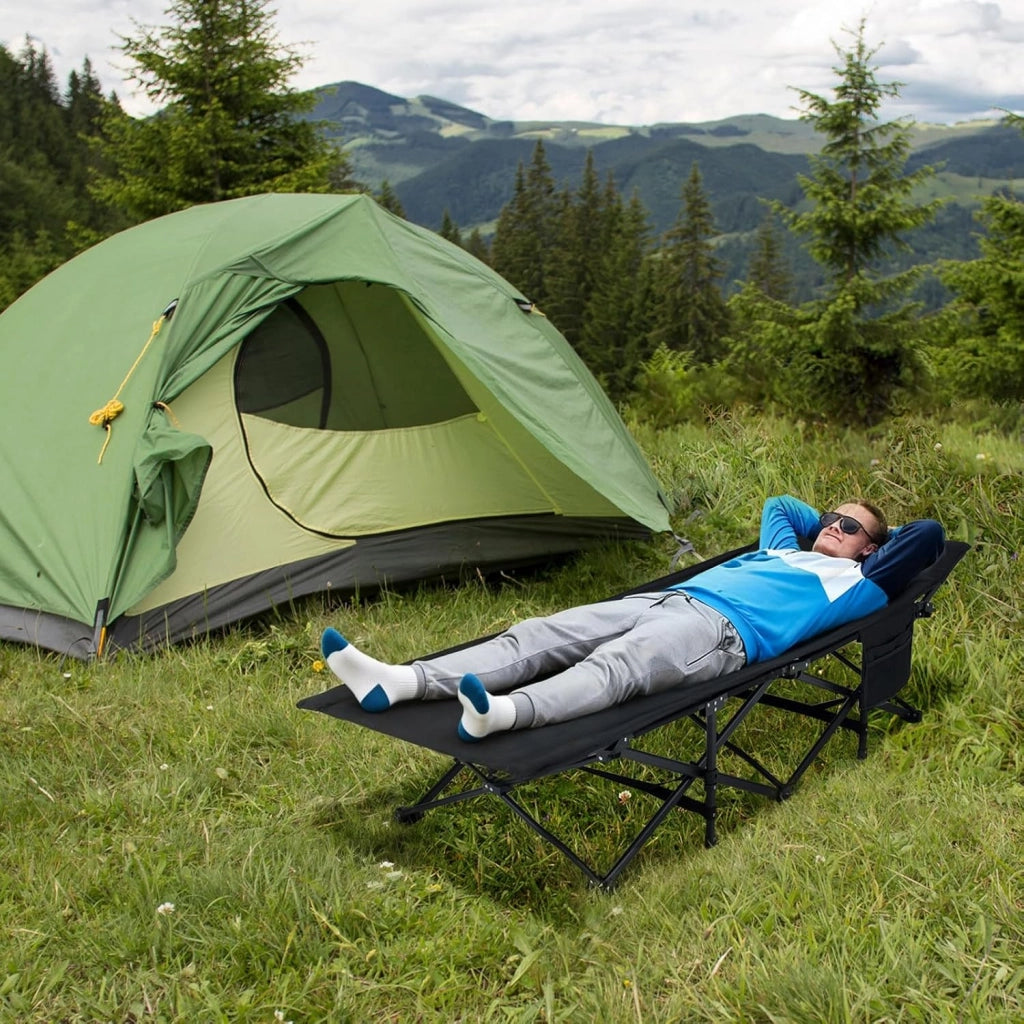 Letto da campeggio con borsa portaoggetti, letto da campo pieghevole con borsa laterale, letto esterno per 1 persona poggiatesta inclinato, carico di 180 kg, per viaggio, campeggio, 189 x 69