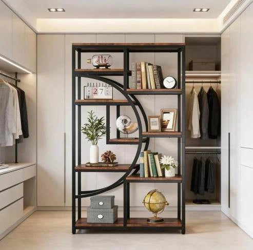Libreria geometrica 95x30x175 cm metallo nero e legno marrone， 9 ripiani
