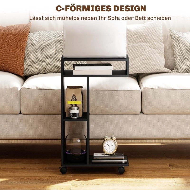 TAVOLINO LATERALE A C 40 x 30 x 69 cm Nero con 3 scomparti e ruote