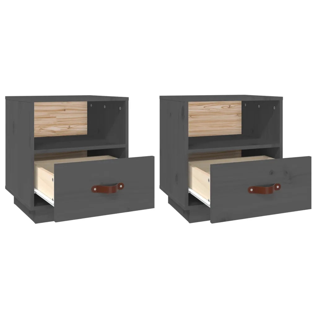 Set di 2 Comodini | Armadio da Notte | Mobiletto da notte Grigi 40x34x45 cm in Legno Massello di Pino