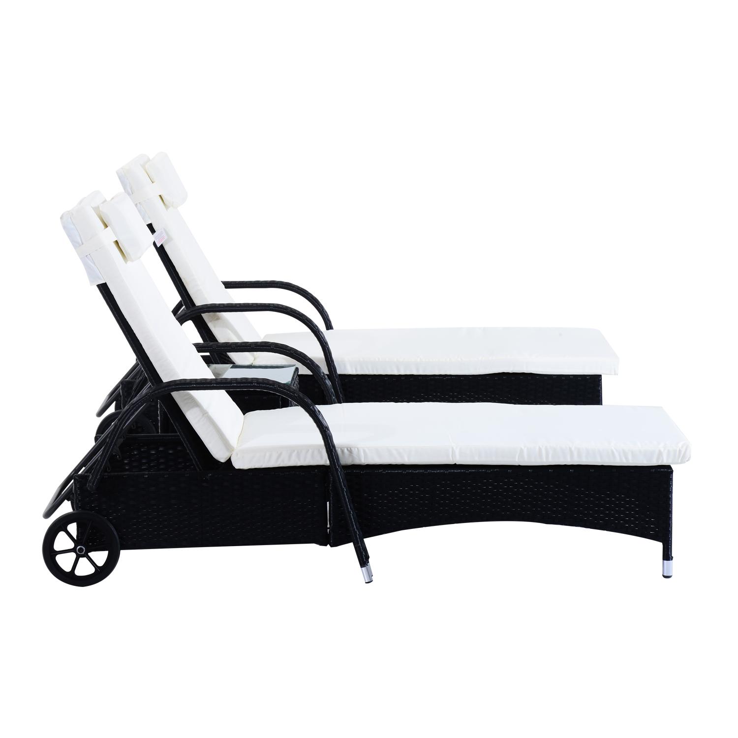 Set 2 Lettini Prendisole da Giardino in Rattan Sintetico con Materassino Imbottito e Tavolino Nero