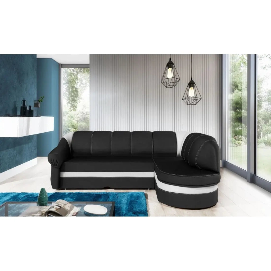 Divano angolare destro convertibile BENANA 250 cm nero e bianco con vano contenitore