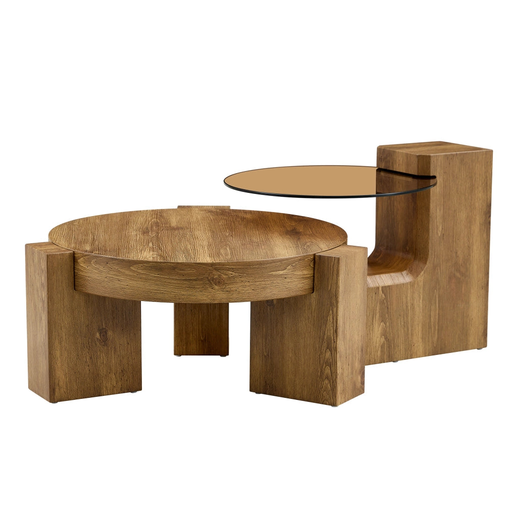 TAVOLINO Set da 2 pezzi rotondo a due livelli 61 cm MDF effetto legno e vetro marrone