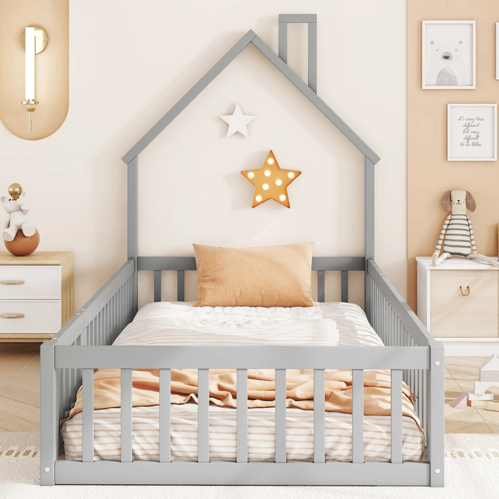 OKWISH Letto a Casetta 90×200 cm, Letto Singolo con Spondine di Sicurezza e Design a Camino, senza Materasso, in Pino e MDF, Grigio