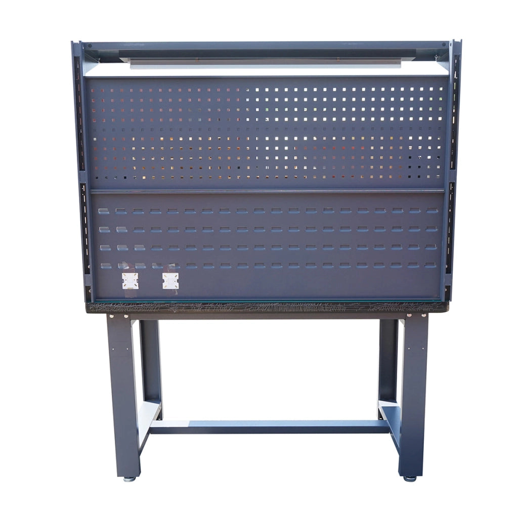 Tavolo, banco da lavoro da officina con presa 220V, pannello forato e illuminazione a LED 1500x750x800+1000mm