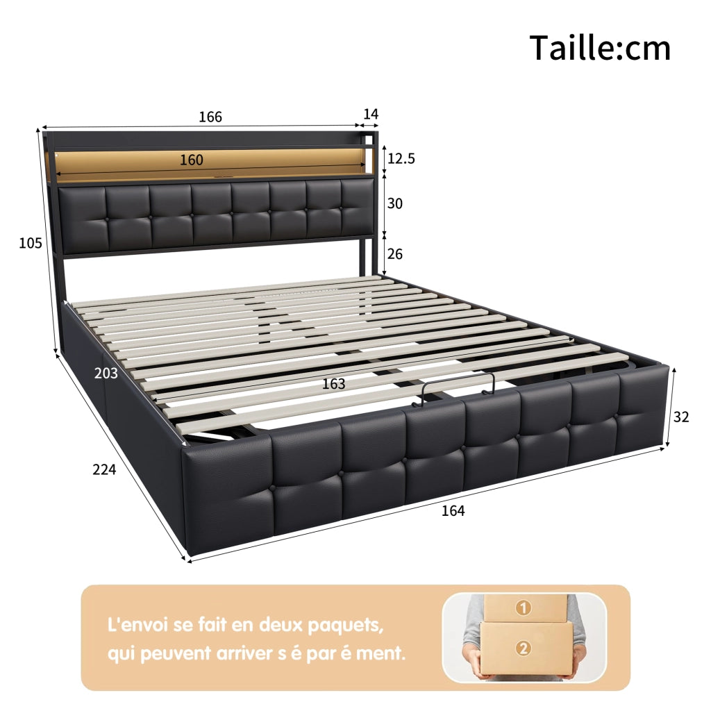 Letto 160x200 cm con ripiani e luci LED in pelle PU nera