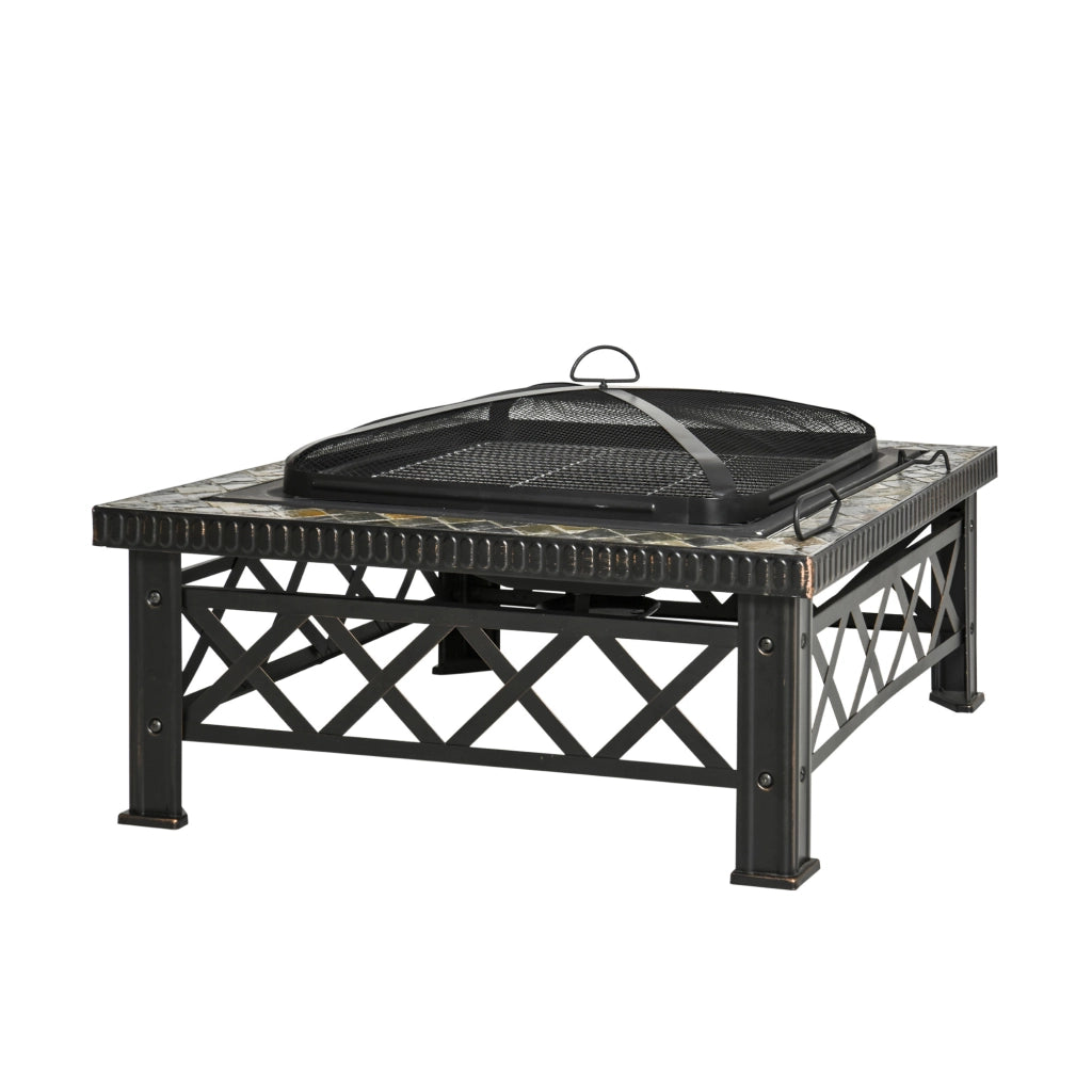 BRACIERE Quadrato 76x76x47 cm Acciaio Nero con Griglia e Coperchio a Rete