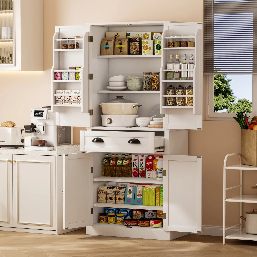 Credenza Alta da Cucina con 4 Ante; 1 Cassetto e 4 Ripiani Regolabili per Cucina in MDF 80 x 40 x 182 cm Bianco