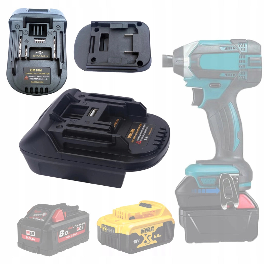 Adattatore Batteria compatibile con Utensili Makita 18V – Per Batterie Dewalt 20V e Milwaukee 18V | Porta USB 5V 2.1A