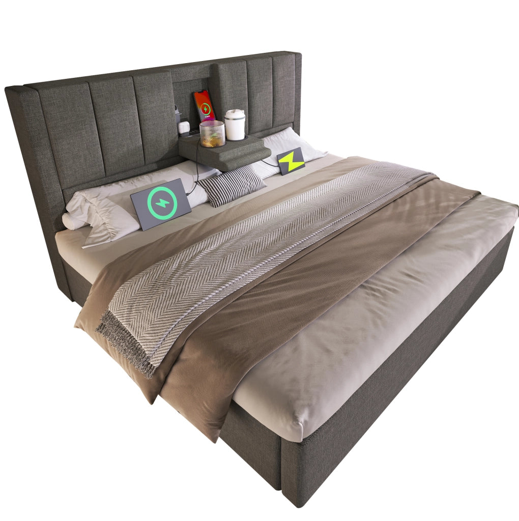 Letto matrimoniale imbottito 140x200 cm con contenitore; porta bicchieri e ricarica USB; lino grigio con materasso