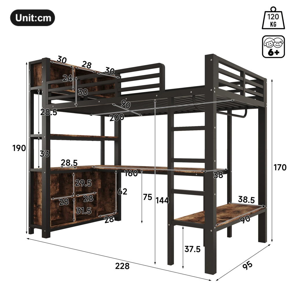 Letto a soppalco 90×200 cm nero con scrivania, appendiabiti e ripiani