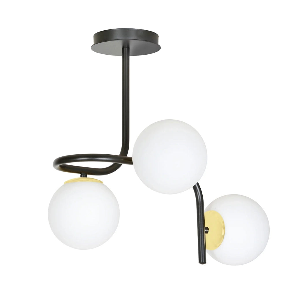 Lampadario 3 Luci Kalf In Acciaio Nero A Bracci E Sfere In Vetro Opalino E Oro