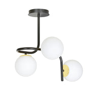 Lampadario 3 Luci Kalf In Acciaio Nero A Bracci E Sfere In Vetro Opalino E Oro