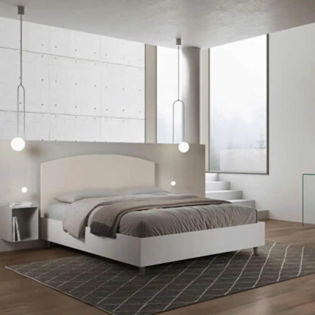 Letto matrimoniale contenitore 160x200 bianco frassino testata similpelle tortora Antilia