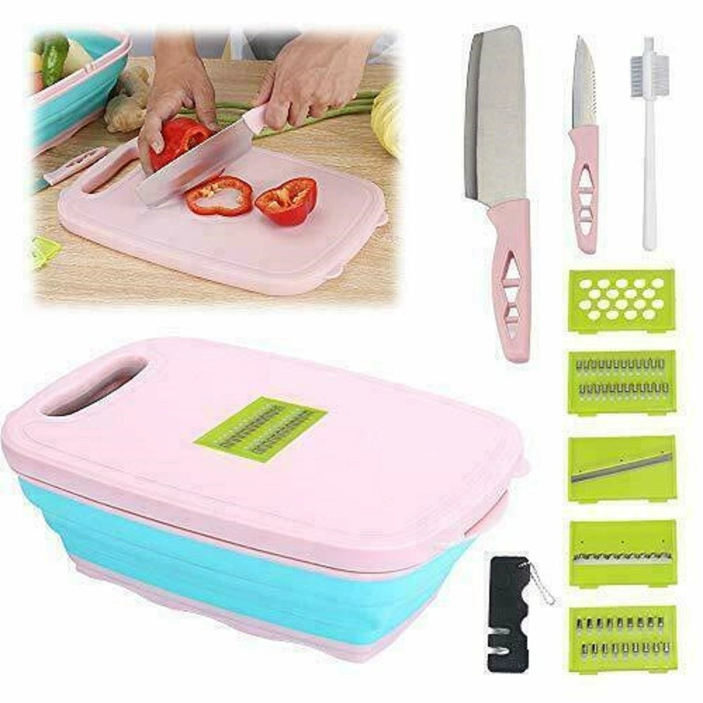 Trade Shop - Tagliere Multifunzione 9 In 1 Pieghevole Affetta Verdure Coltelli Cucina -
