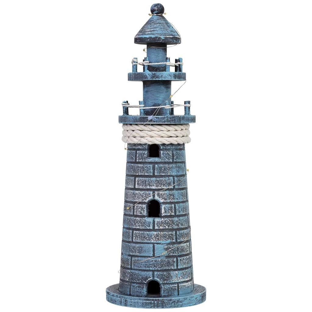 Figura decorativa a forma di faro in legno con LED blu 10,5x10,5x32h cm
