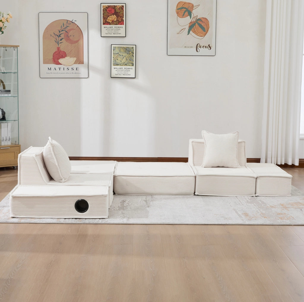 Divano 2 posti ULEVR 162x78x66 cm modulare con 2 cuscini e tasche laterali, tessuto a coste beige