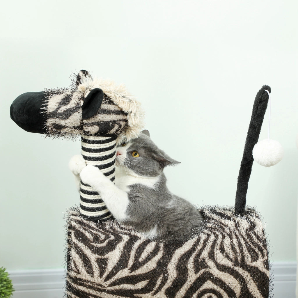 Tiragraffi per gatti con design zebrato e tunnel ?25 cm, lunghezza totale 93 cm, colore bianco e nero.