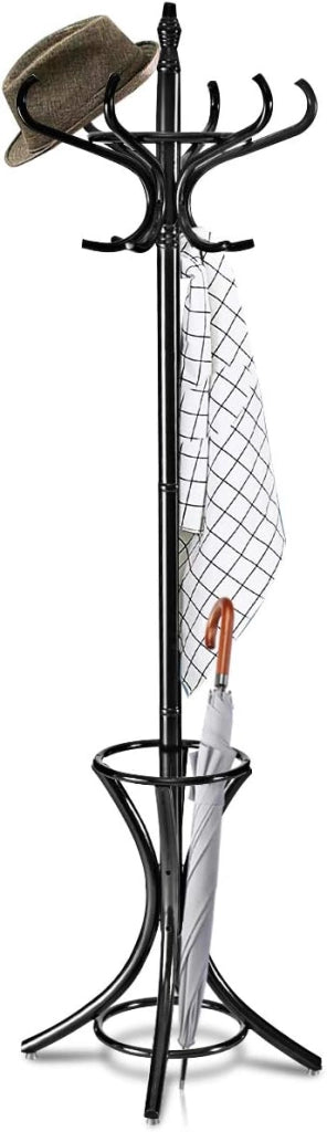 Appendiabiti da 184 cm, Scaffale per Abiti e Cappelli, Appendiabiti in Legno con 12 Ganci, Supporto per Ombrellone, Portabiti Autoportante, per Ingresso, Ufficio, Soggiorno (Grigio)