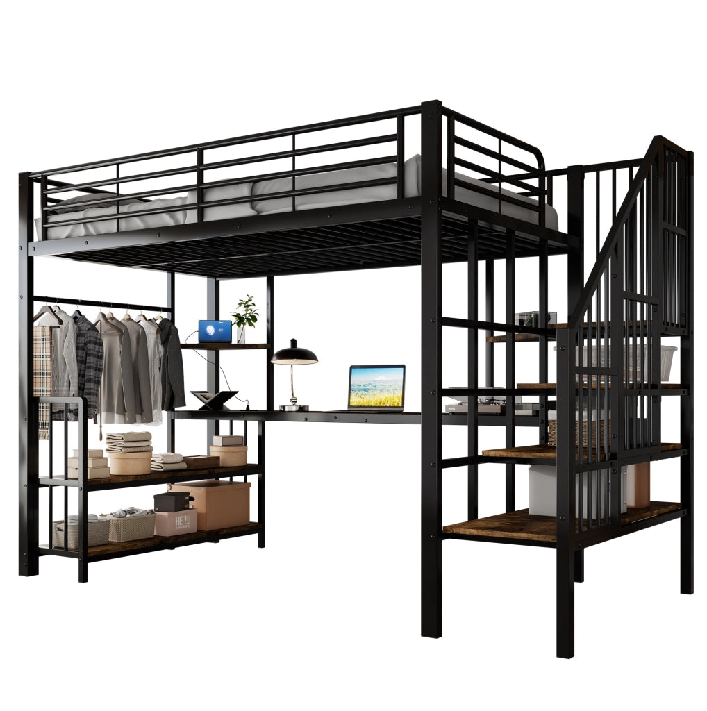 Letto a soppalco 120x200 cm con scala laterale; porta di ricarica e appendiabiti in metallo e MDF nero e noce scuro