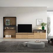 Mobile TV, Soggiorno, 360x35x186cm, Per TV fino a 65", Camino elettrico, colore Rovere e nero RF3160