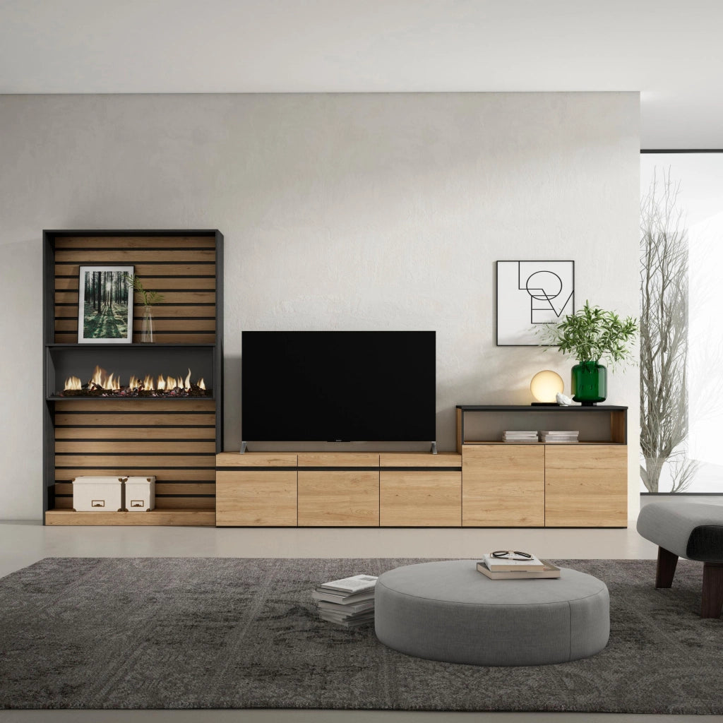 Mobile TV, Soggiorno, 360x35x186cm, Per TV fino a 65", Camino elettrico, colore Rovere e nero RF3160
