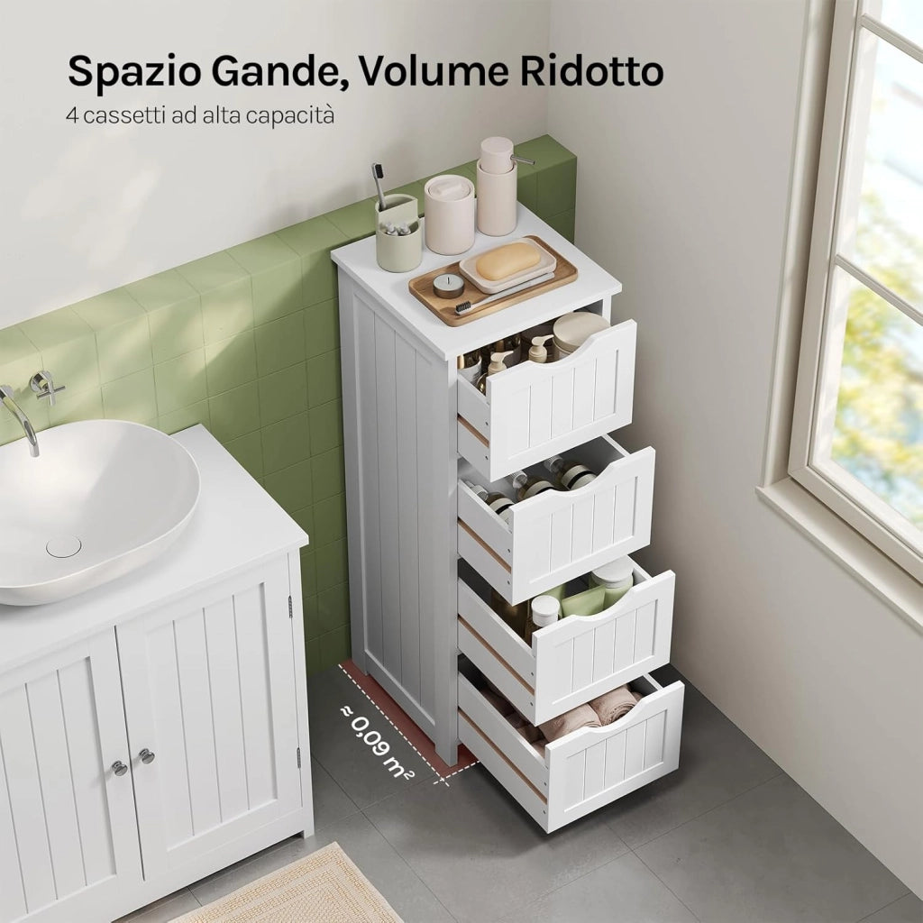 Mobile da Bagno, Mobiletto Bagno Salvaspazio, con 4 Cassetti, 30 x 30 x 82 cm, Armadio Autoportante, per Sala da Pranzo, Cucina, Stile Moderno, Bianco BZS07ws