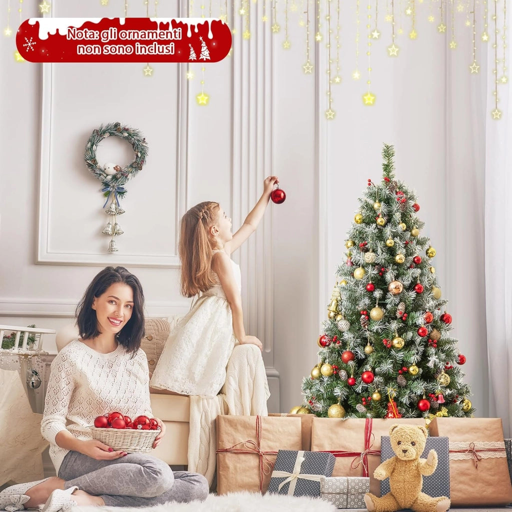 Albero di Natale Pre-Illuminato 150 cm, Albero di Natale con 200 Luci LED Bianche Calde, 8 Modalità di Illuminazione, 450 Punte di Ramo, Bacche Rosse e Pigne (150 cm)