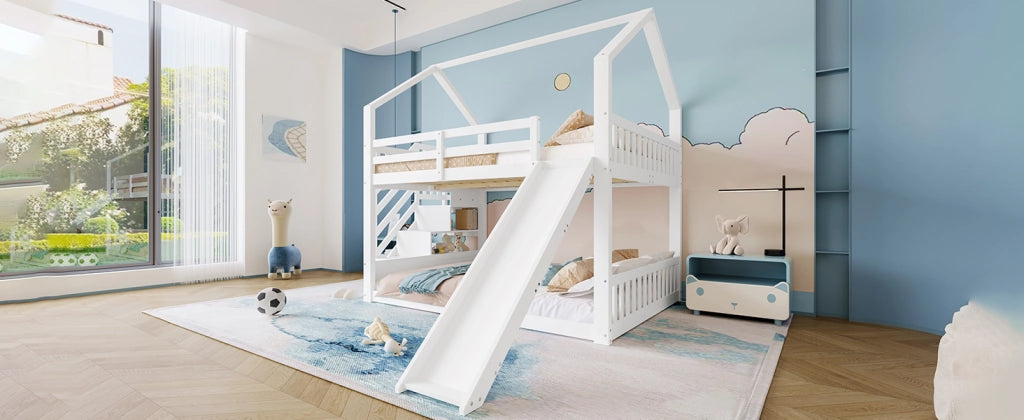 DESMIU Letto a castello casetta 140 × 200 cm 2 posti con scivolo, vano, senza materasso, bianco