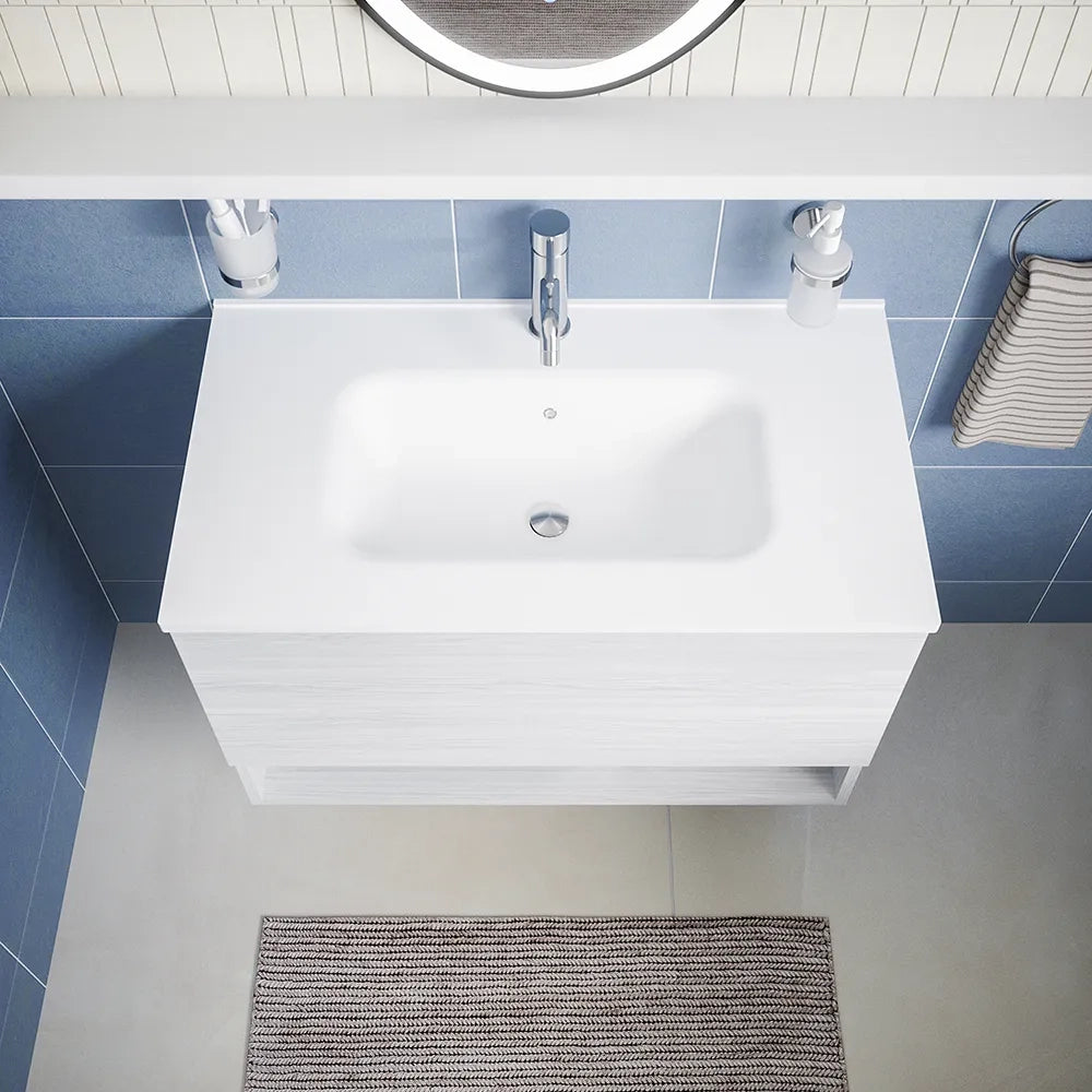 Mobile sospeso 80 cm bianco effetto legno con un cassetto, vano a giorno e lavabo | Sauris