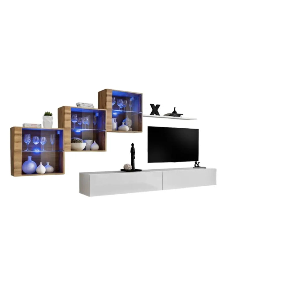 Set di mobili da soggiorno SWITCH XX design, colori bianco lucido e rovere Wotan.