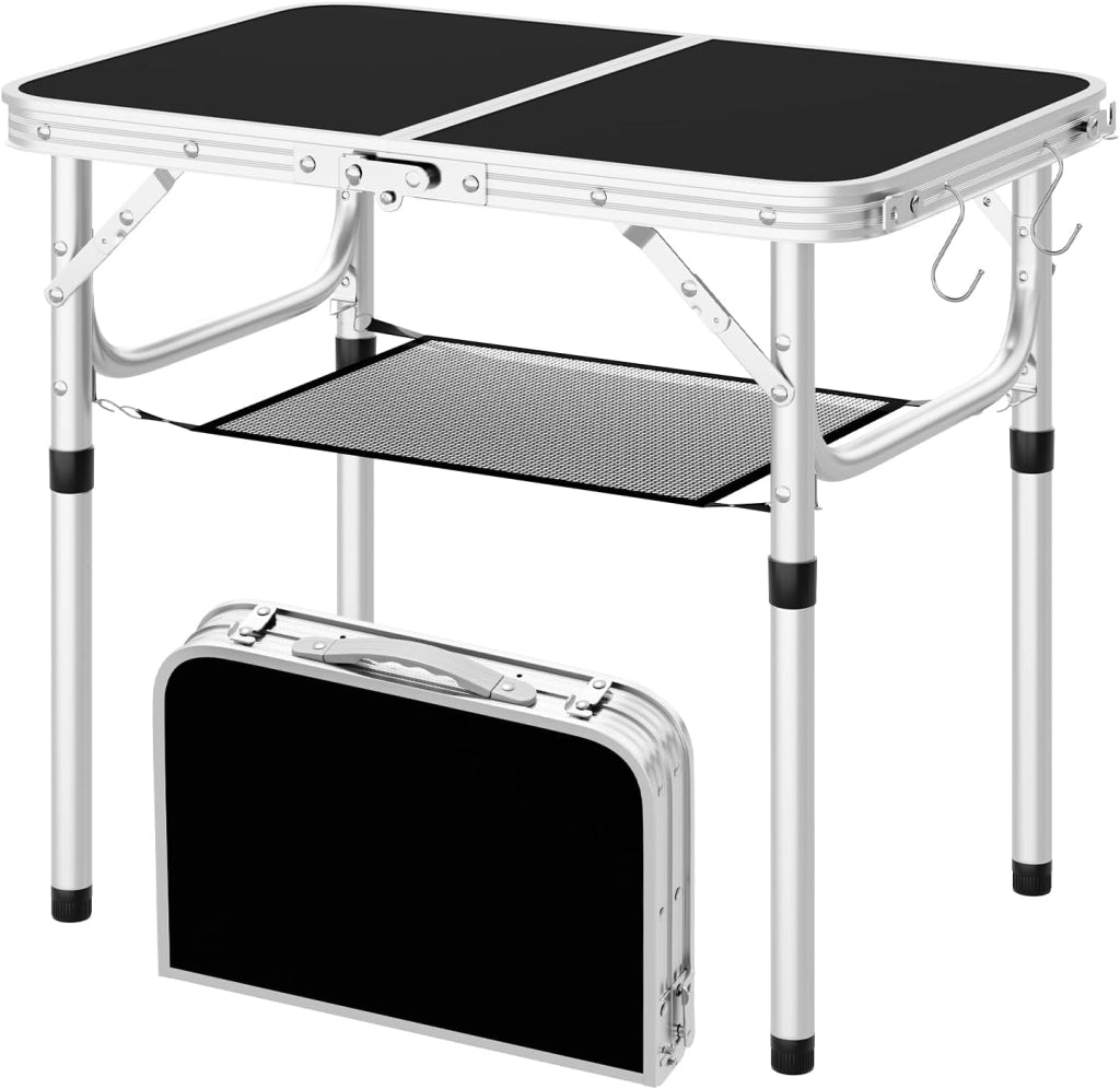 Tavolino Pieghevole Regolabile in Altezza 25/36/50/60 cm, Tavolo da Esterno con Ripiano in Rete Metallica, Piano in MDF 60x40 cm, Telaio in Metallo, per Campeggio, Barbecue, Giardino,Nero