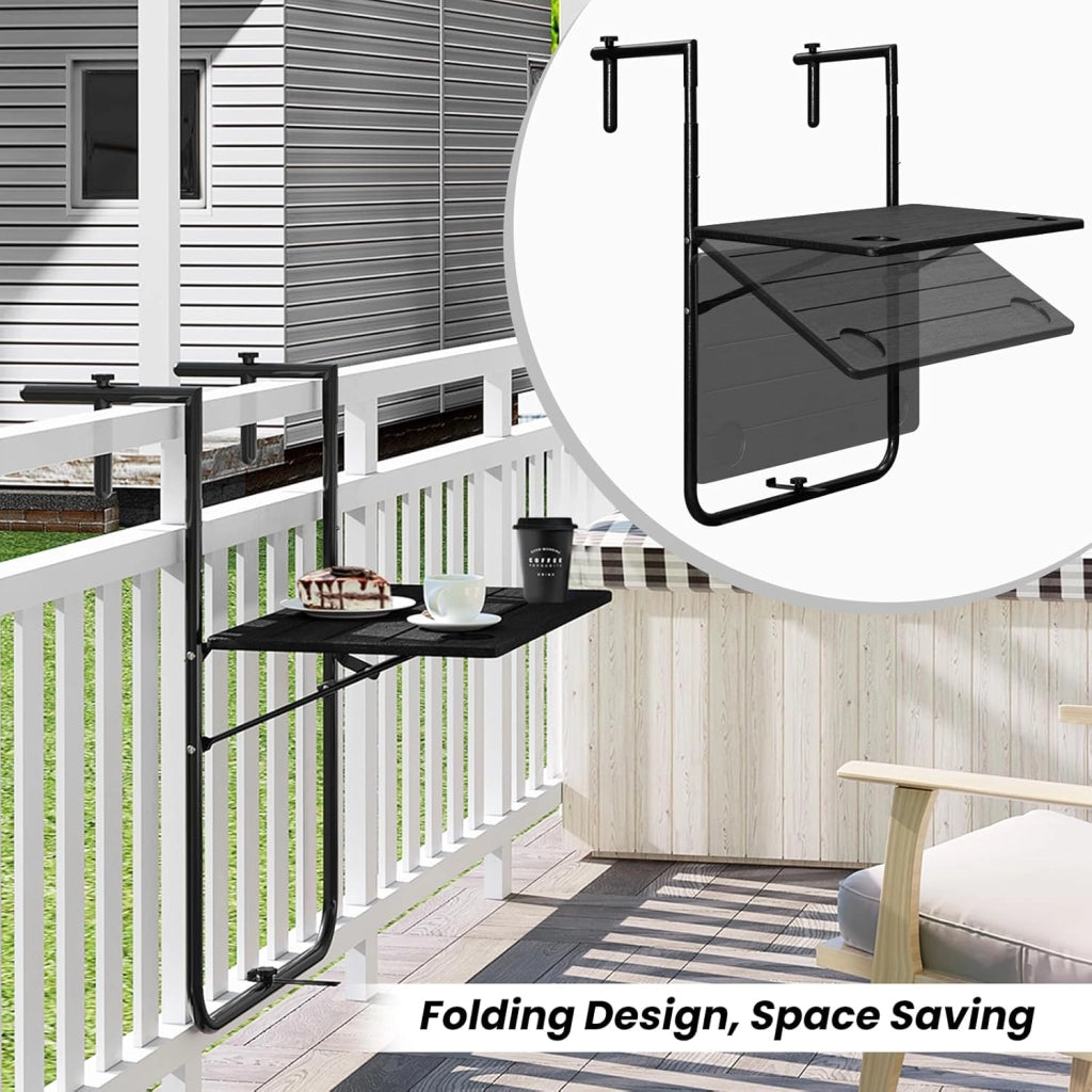 Tavolino pieghevole da appendere, per esterni, balcone, 3 altezze, regolabile, effetto legno, nero