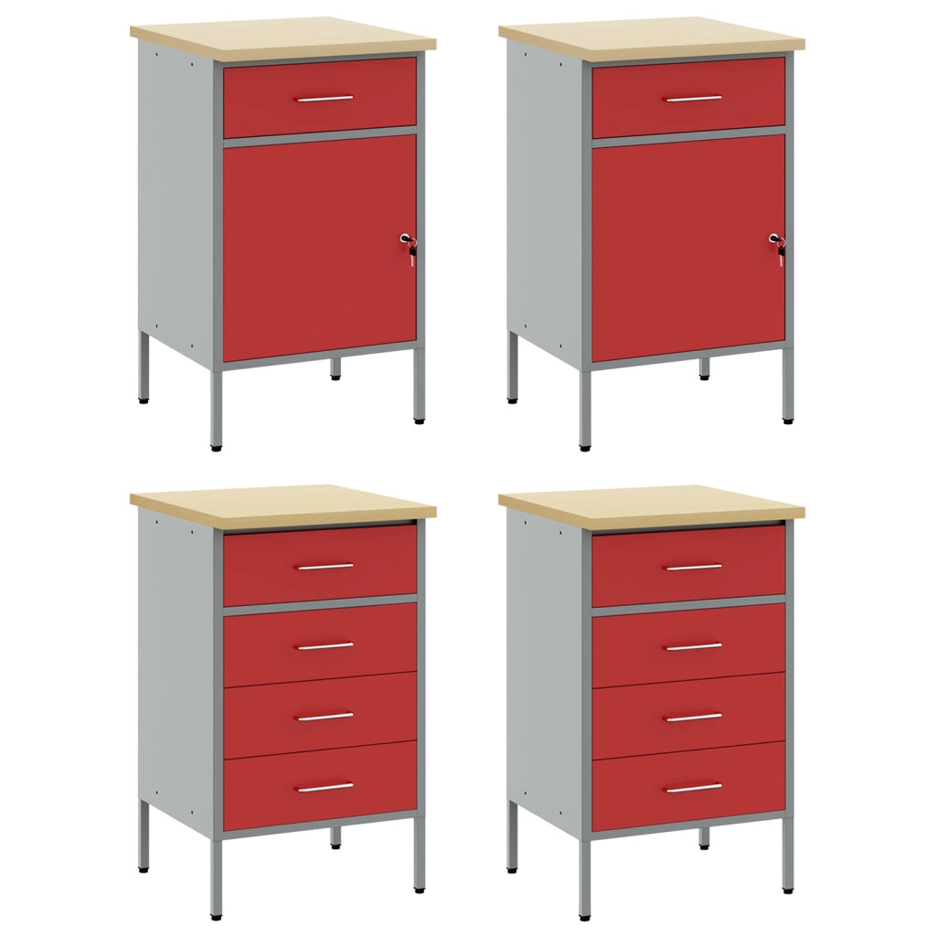 Set di mobili da lavoro 4 pezzi rosso e grigio in legno ingegnerizzato e acciaio